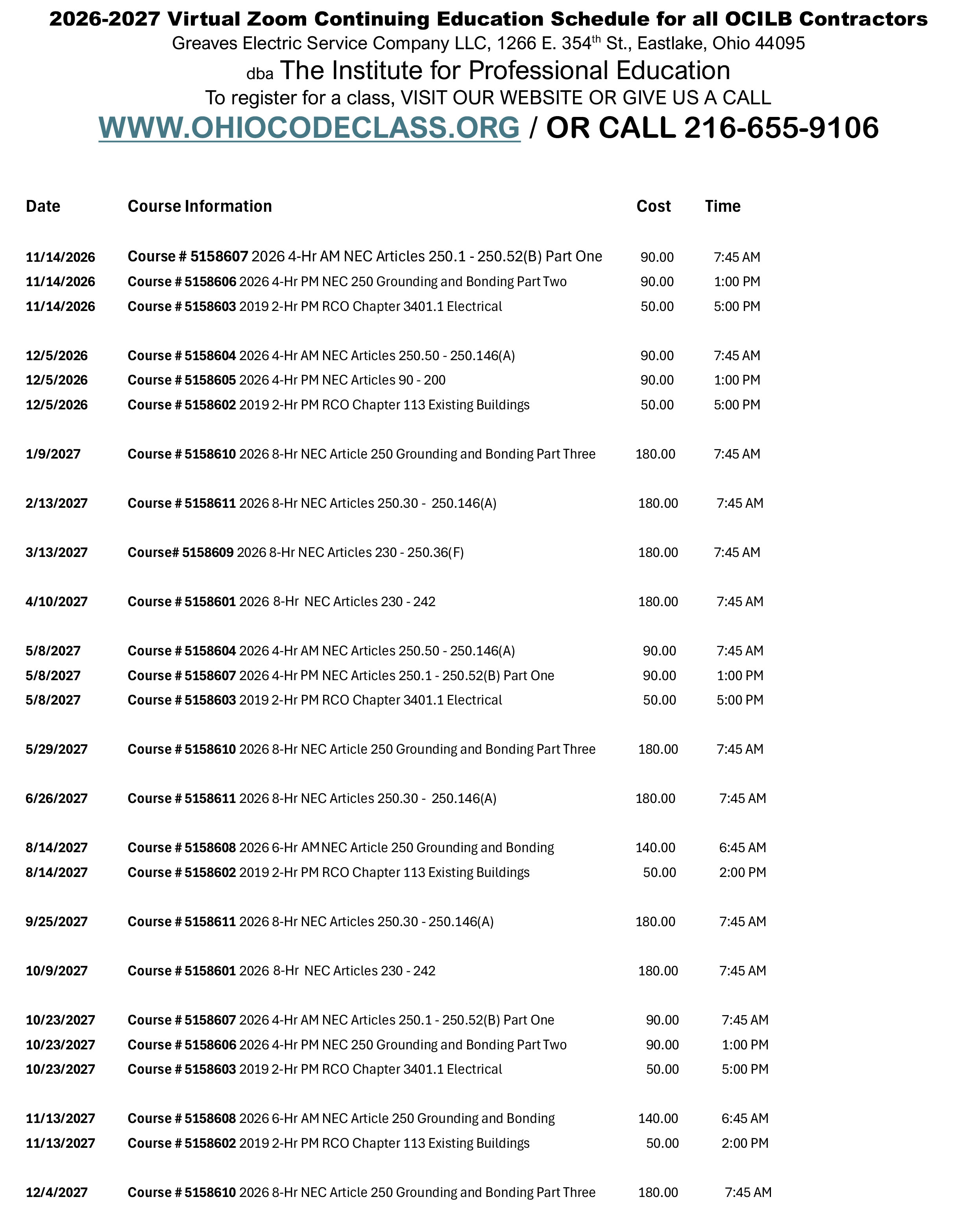 2026 - 2027 Schedule